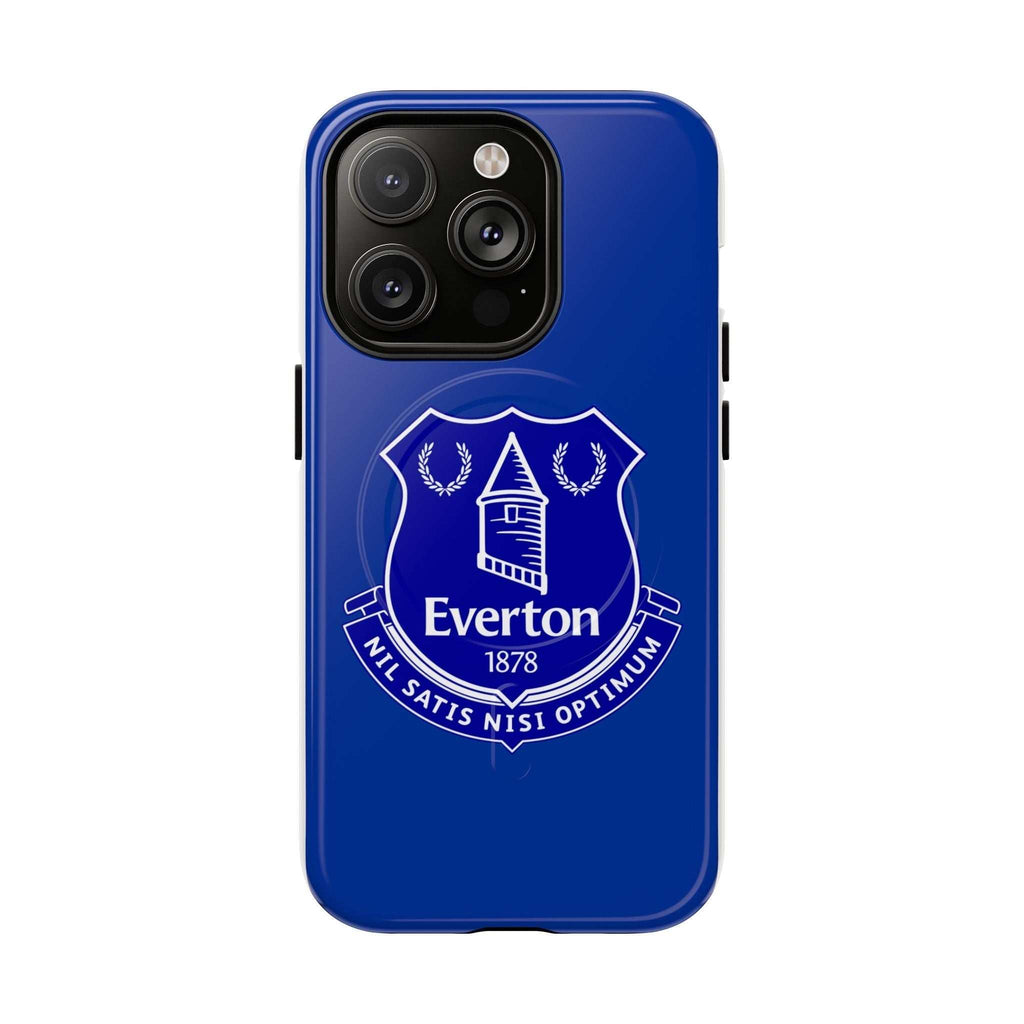 Everton FC MagSafe iPhone case in royal blue with club crest, shock-absorbing dual-layer protection and MagSafe compatibility.