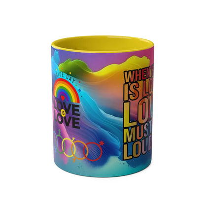 LGBTQ+ Pride mug with vibrant rainbow design and inspirational message.