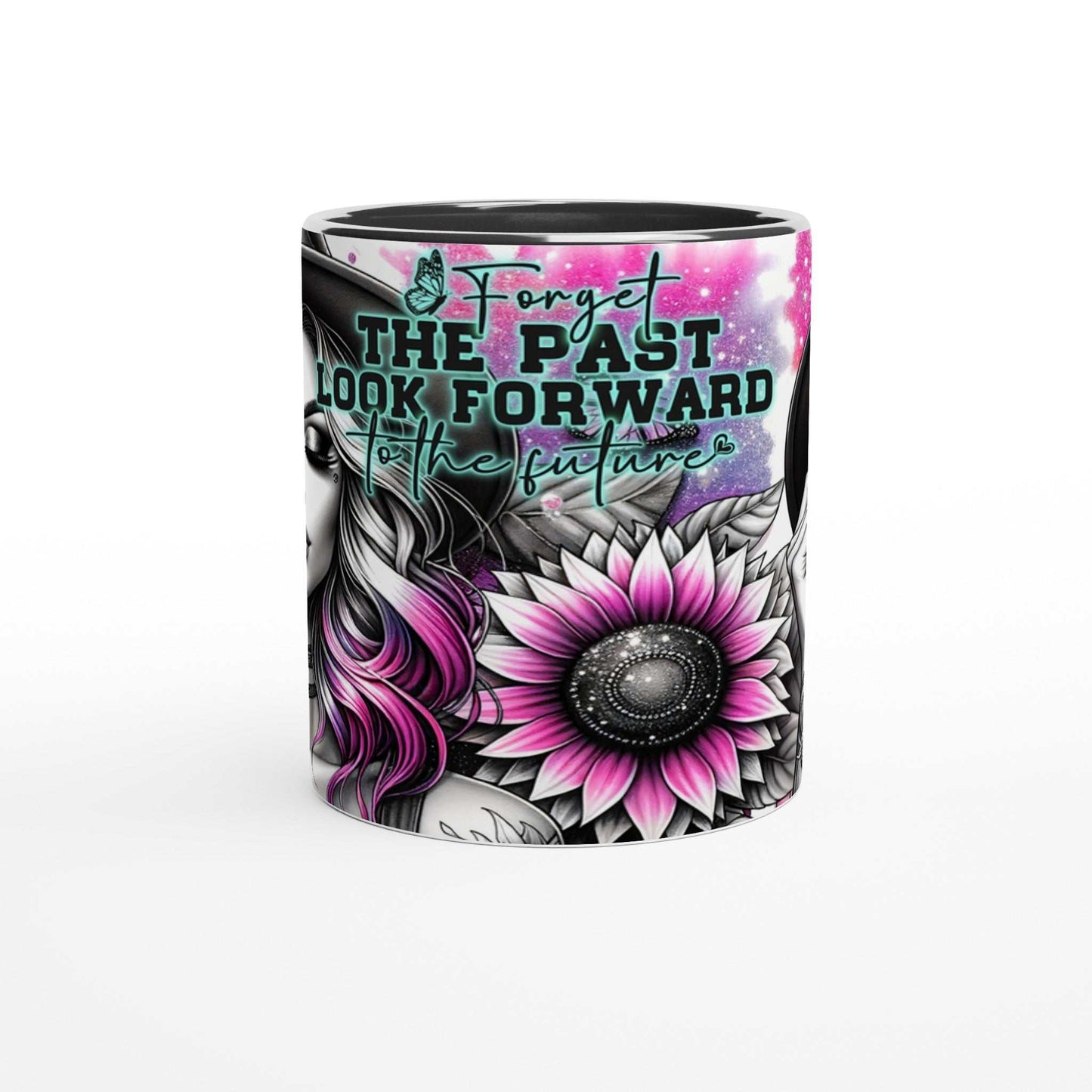 Forget The Past Motivational Coffee Mug with vibrant design and inspiring quote, 11oz ceramic, two-tone, microwave and dishwasher safe.