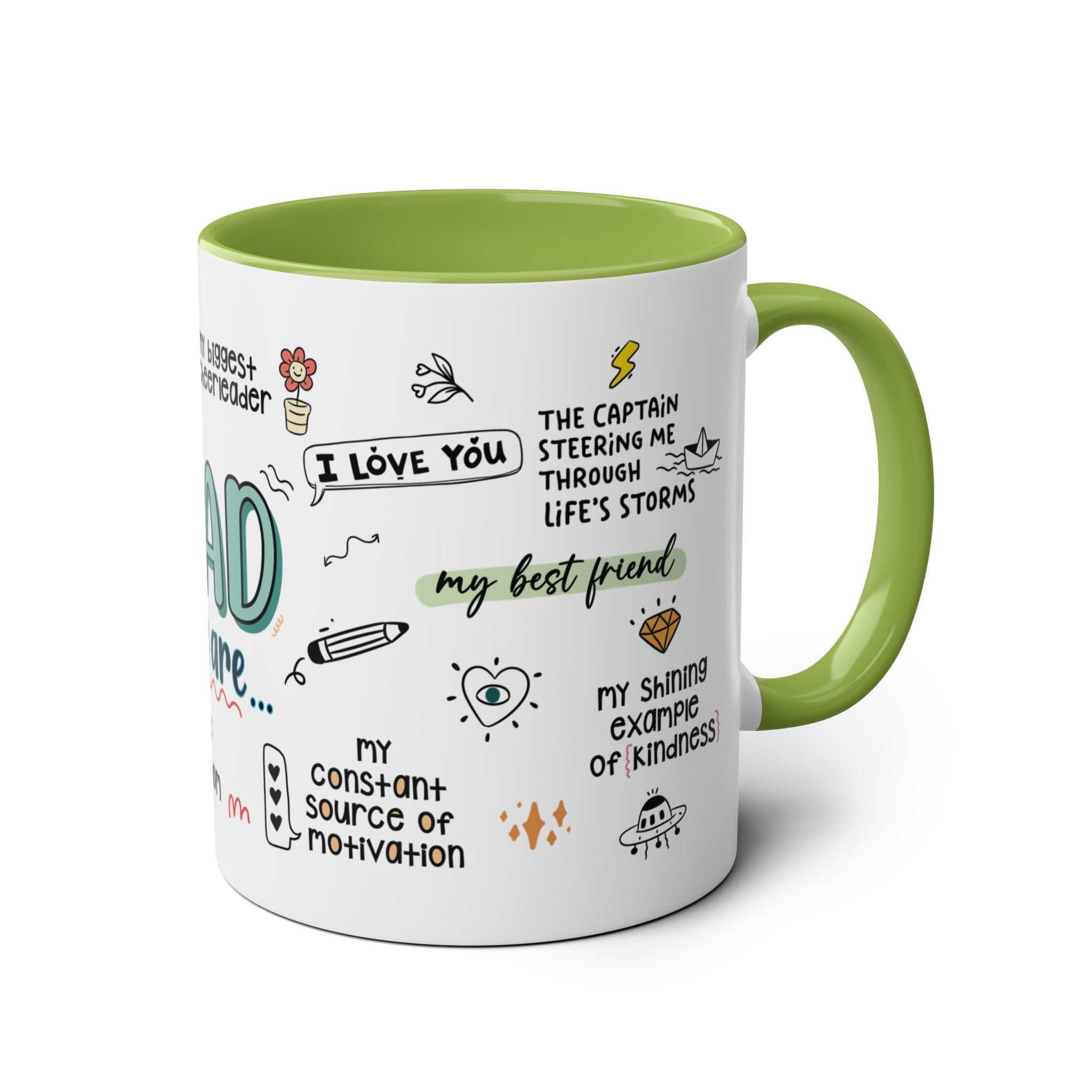 Fathers Day Gift Mug with fun design, sublimation printed, glossy finish, green interior and handle, 11oz ceramic, microwave and dishwasher safe.