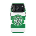 Celtic MagSafe iPhone Case with green and white stripes, Celtic Football Club crest, dual-layer protection, and MagSafe compatibility