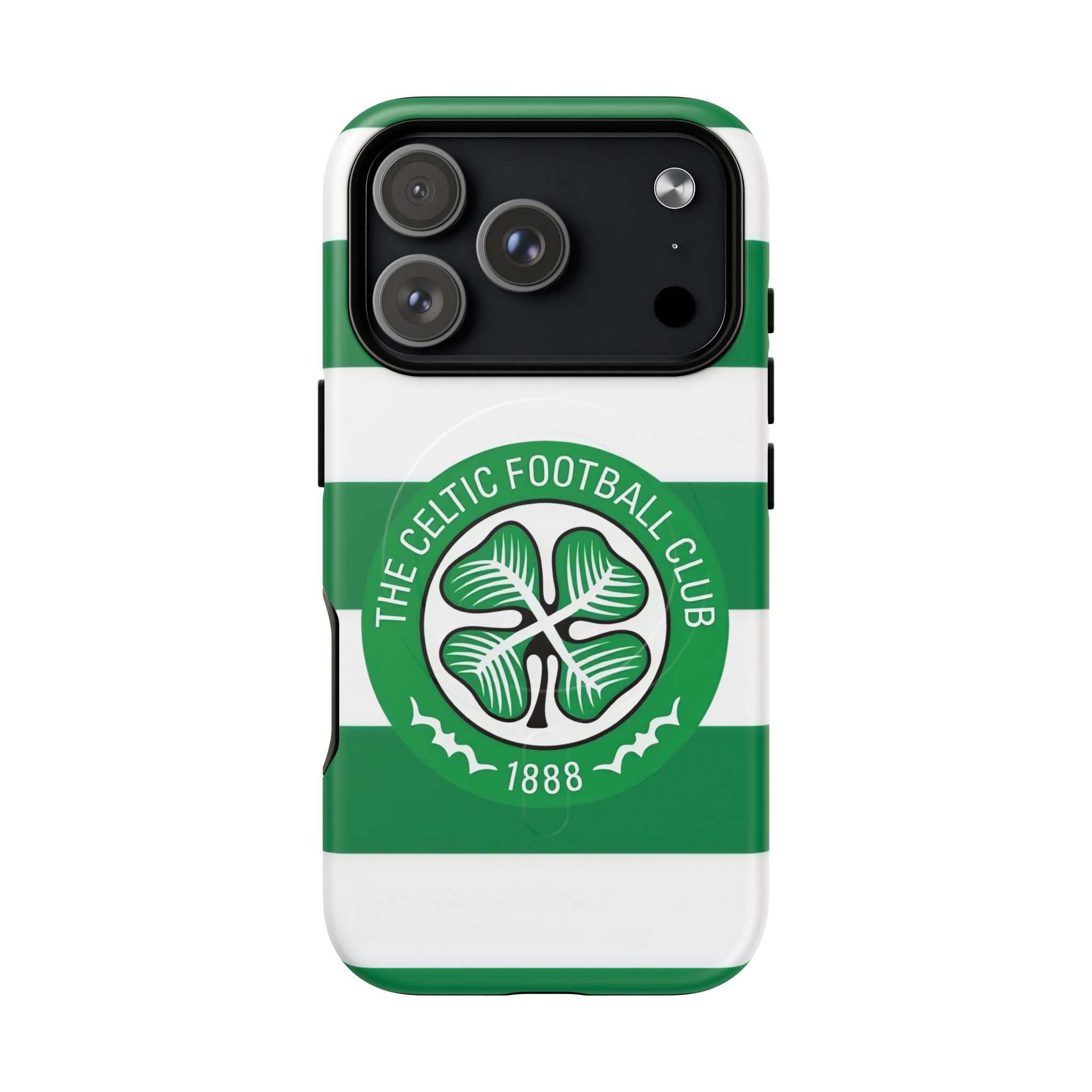 Celtic MagSafe iPhone Case with green and white stripes, Celtic Football Club crest, dual-layer protection, and MagSafe compatibility