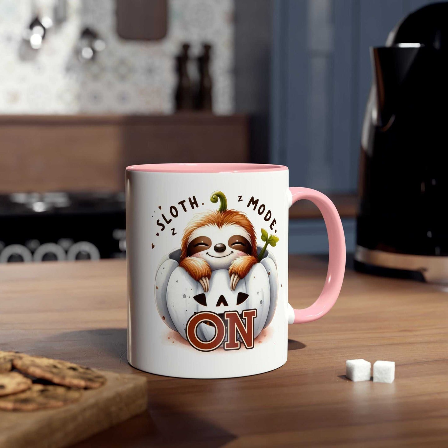 Cute sloth coffee mug with cozy design on wooden table in kitchen setting.