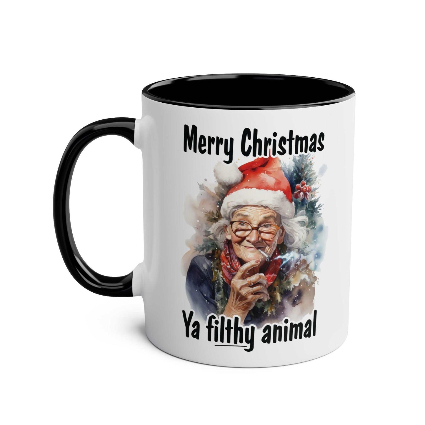 Festive ceramic mug with humorous Christmas design, "Merry Christmas Ya filthy animal," featuring a granny in a Santa hat, available in 7 colors.