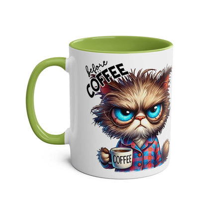 Fun Sarcastic Coffee Mug with colorful design and grumpy cat graphic, 11oz ceramic, glossy finish.