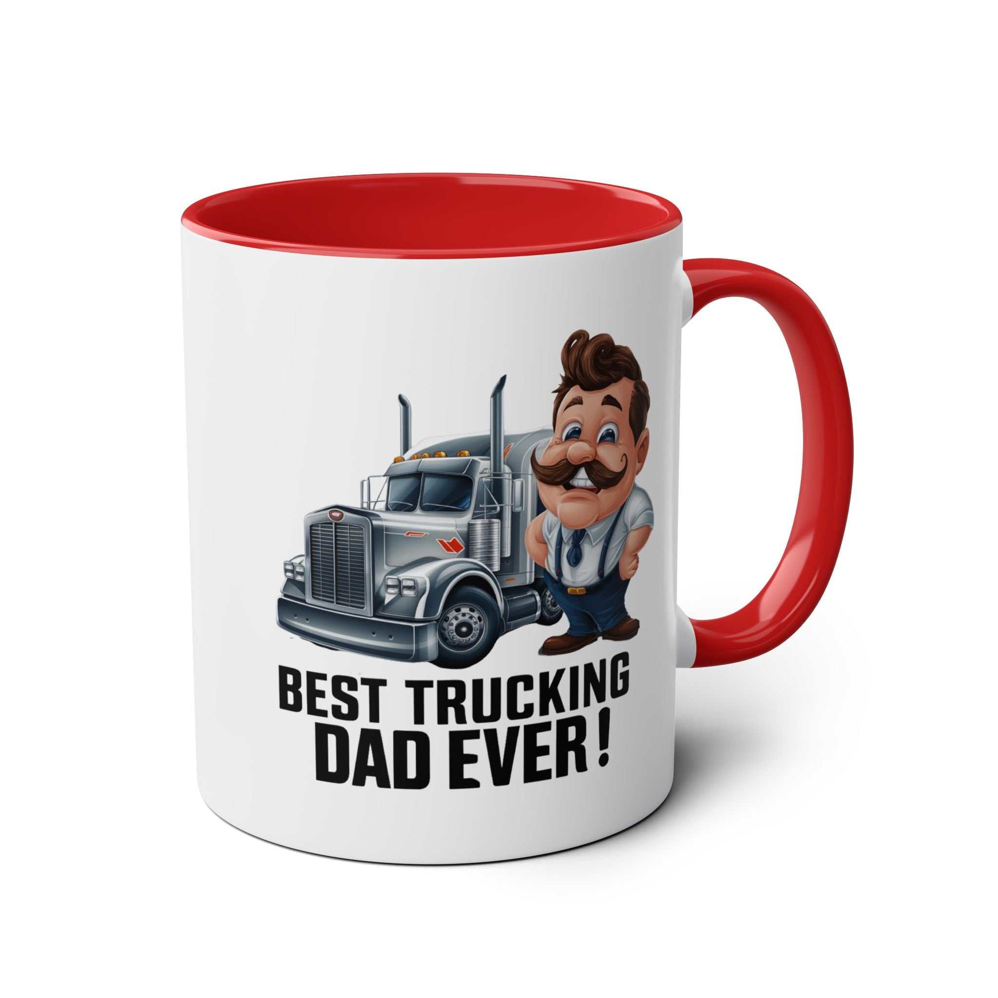 Best Trucking Dad Fun Fathers Day Gift Mug with truck and cartoon dad illustration.