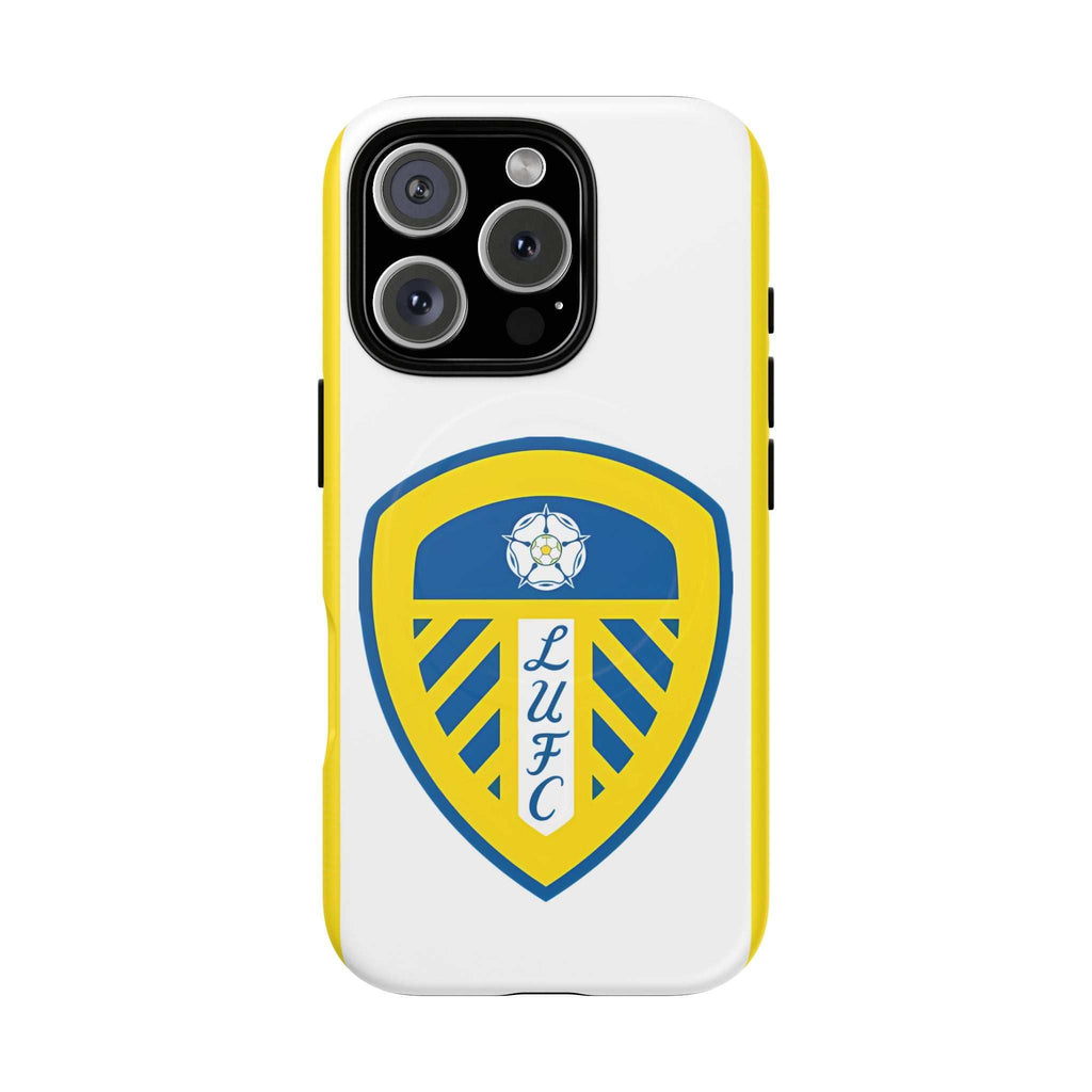 Leeds Utd MagSafe iPhone case with white and yellow design, club crest, shock-absorbing dual layer protection, and MagSafe compatibility.