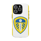 Leeds Utd MagSafe iPhone case with white and yellow design, club crest, shock-absorbing dual layer protection, and MagSafe compatibility.