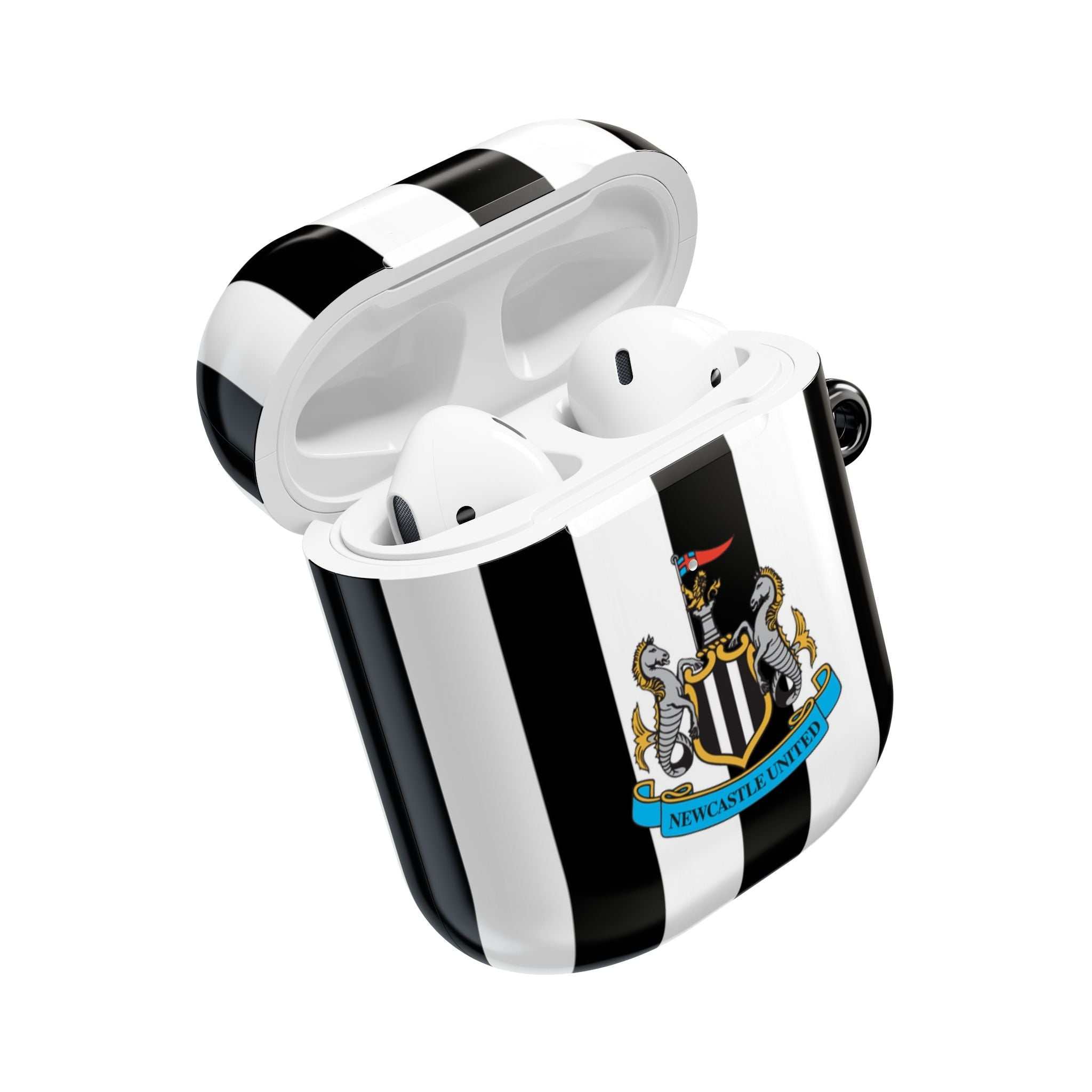 Newcastle United FC black and white striped AirPods case with club crest and glossy finish