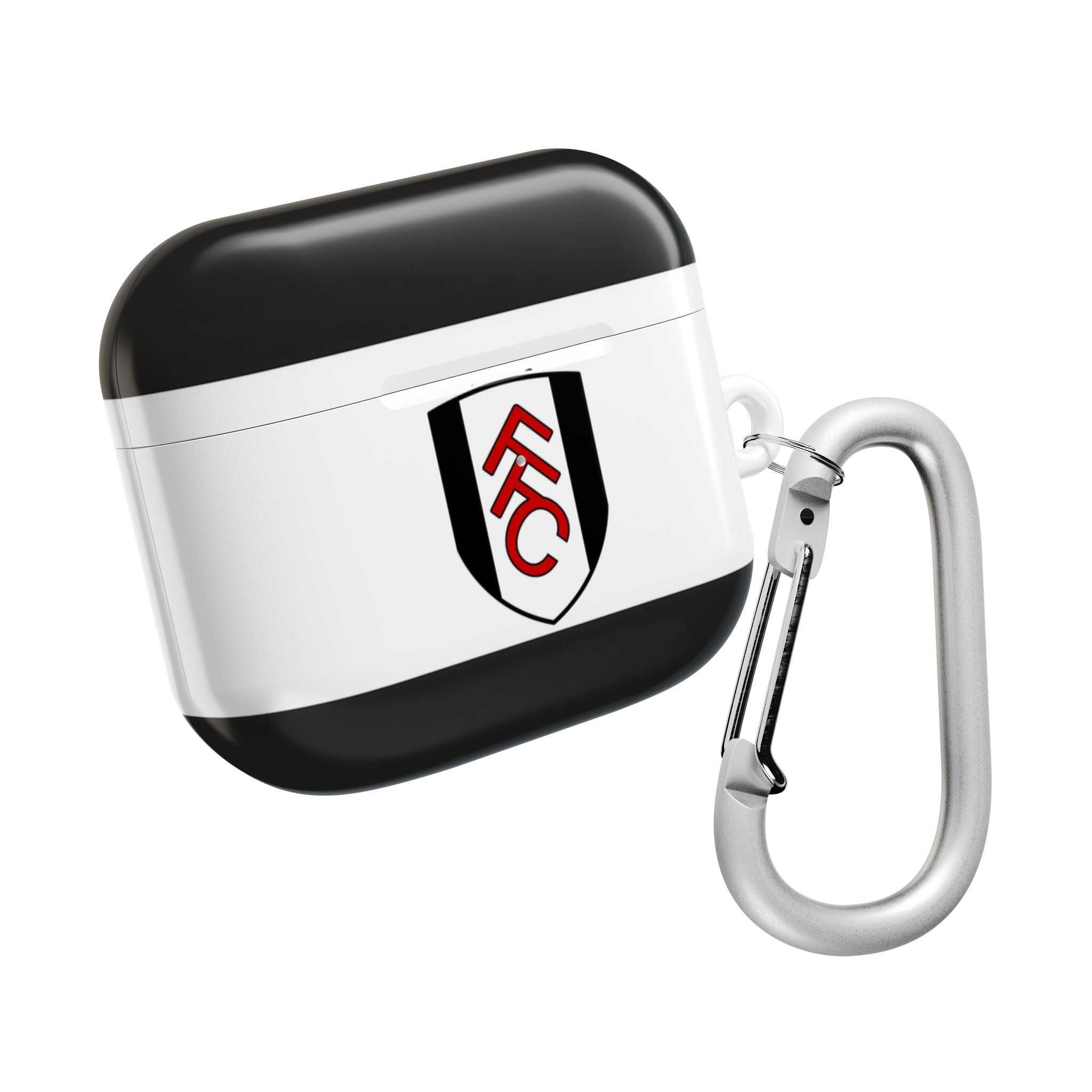Fulham FC AirPods protective case with black and white design and club crest, shock-resistant and wireless charging compatible