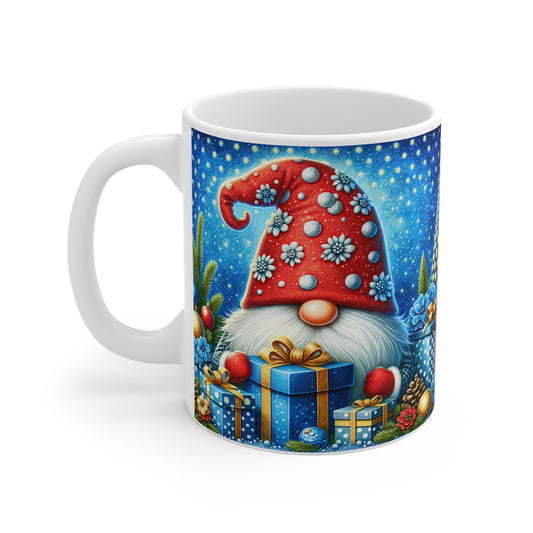 Cute gnome Christmas mug with festive design, perfect for holiday drinks; 11oz ceramic, microwave and dishwasher safe.