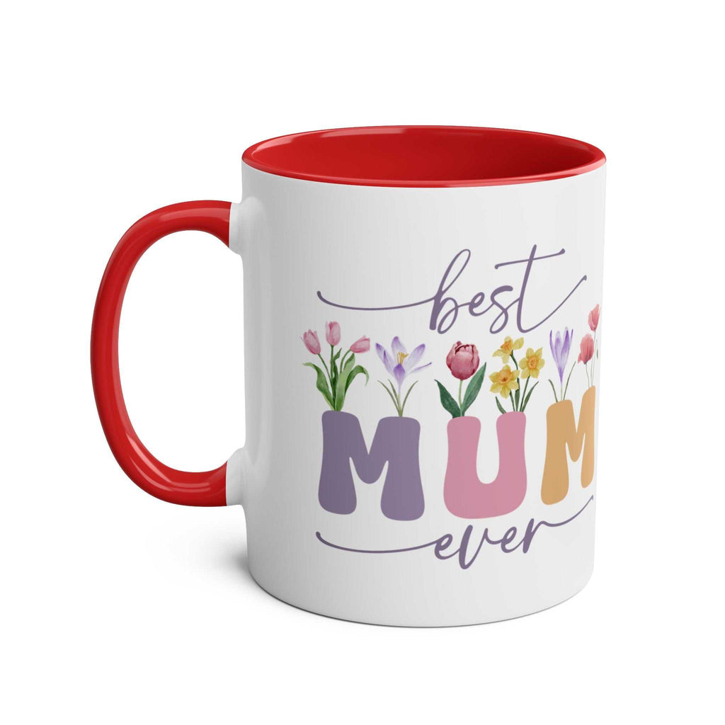 Best Mum Ever Mother's Day gift mug with floral design and red handle.