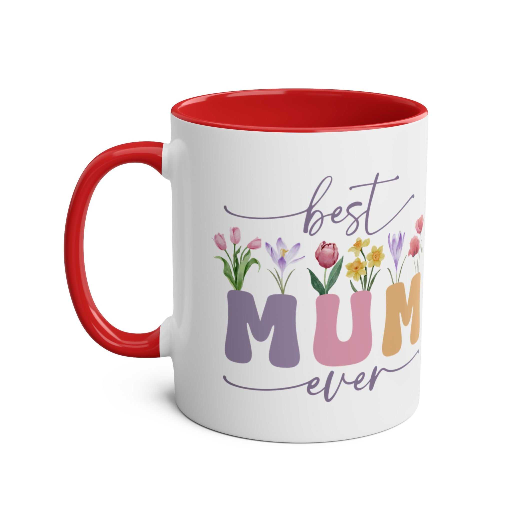 Best Mum Ever Mother's Day gift mug with floral design and red handle.