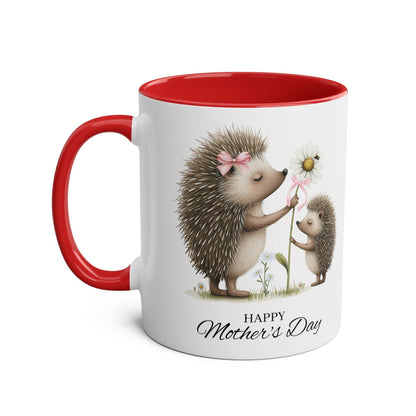 Cute hedgehog design Mother's Day gift mug with red handle and interior.