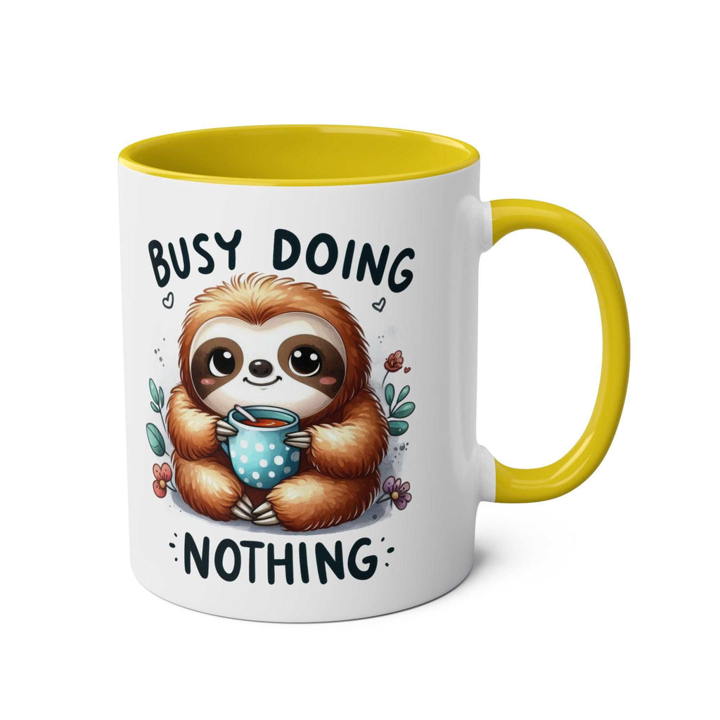 Cute sloth coffee mug with a cheerful design, featuring vibrant colors and a whimsical sloth illustration, 11oz ceramic, microwave and dishwasher safe.