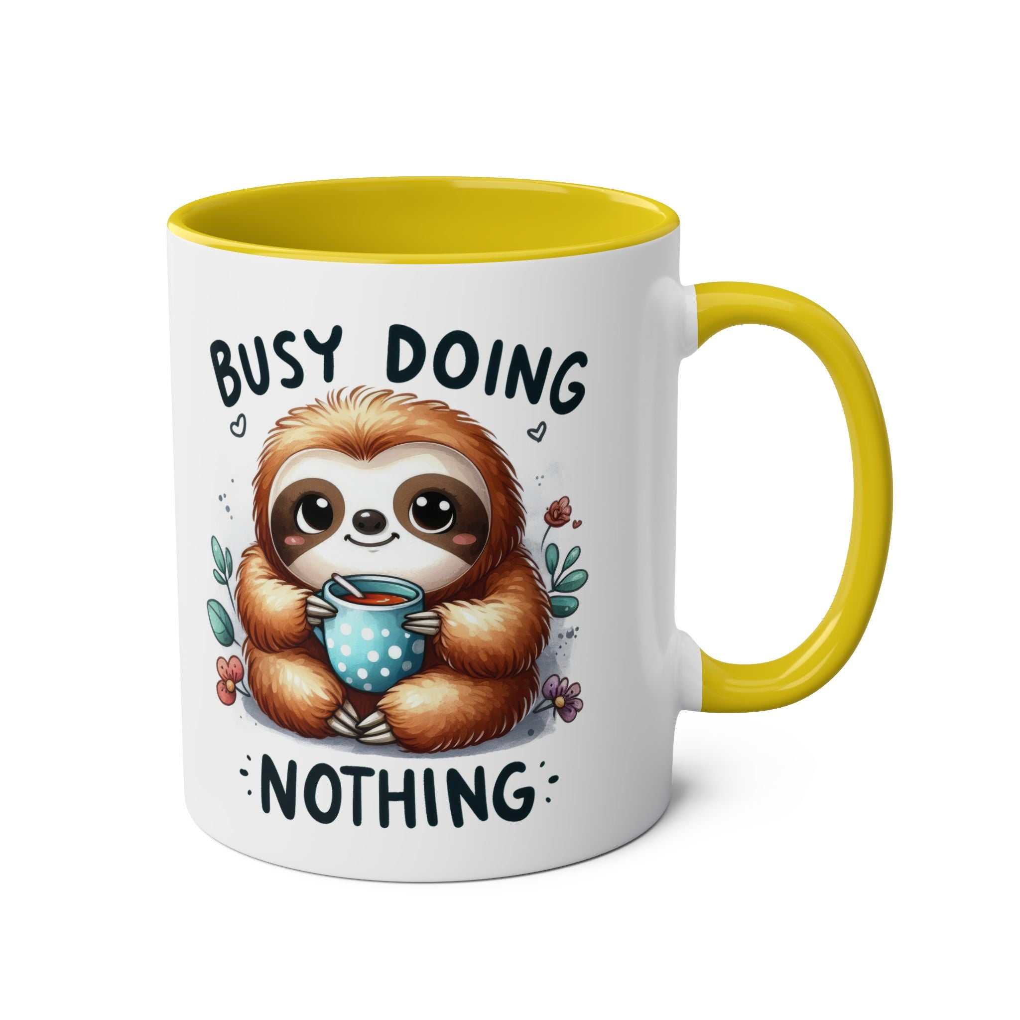Cute sloth coffee mug with a cheerful design, featuring vibrant colors and a whimsical sloth illustration, 11oz ceramic, microwave and dishwasher safe.