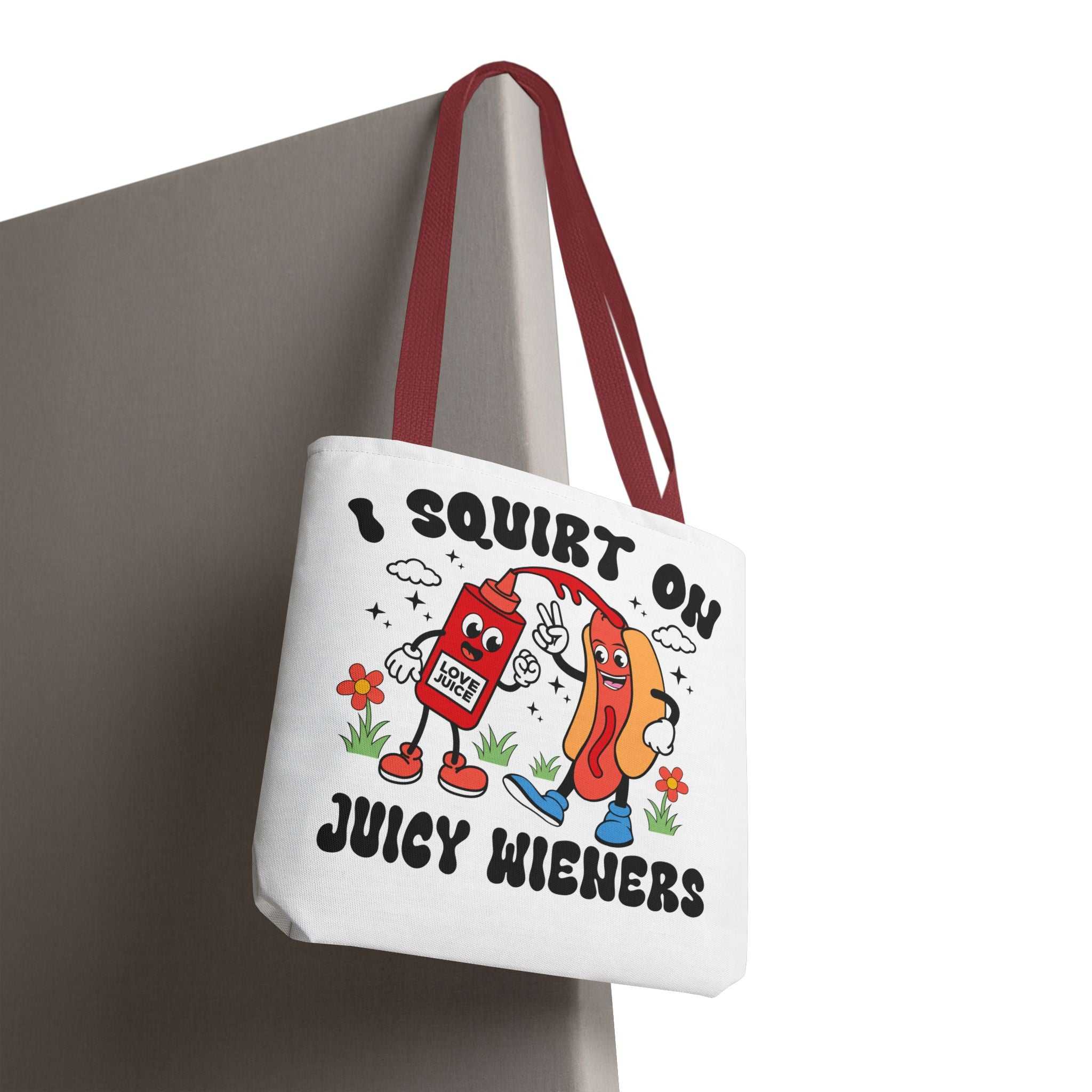 I Squirt On Juicy Wieners fun tote bag with cheeky hot dog design and colorful handles
