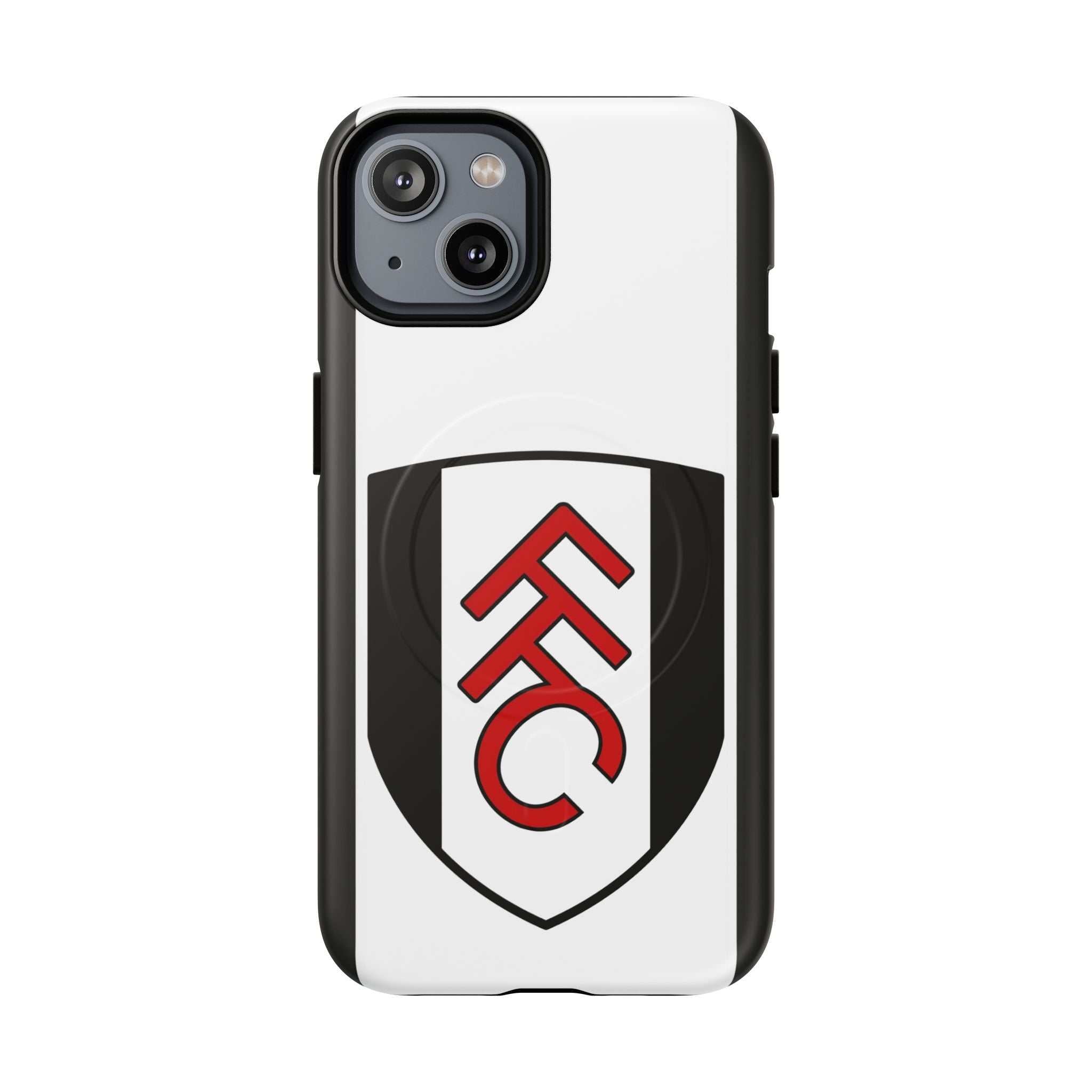Fulham FC MagSafe iPhone case with club crest and black-white design, durable dual-layer protection, and wireless charging compatible
