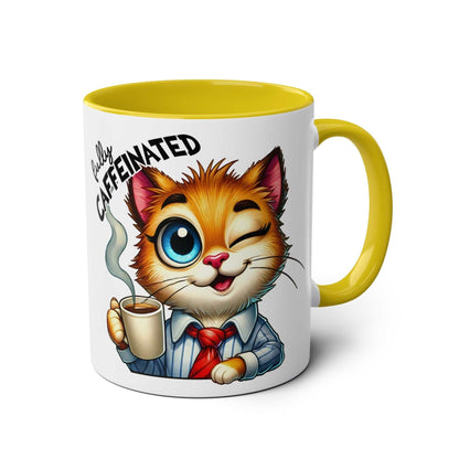 Fun sarcastic coffee mug with a winking cartoon cat and "Fully Caffeinated" text in vibrant colors.