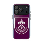 Burnley FC MagSafe iPhone case with claret and blue colors, official-inspired crest, dual-layer protection, and wireless charging compatibility