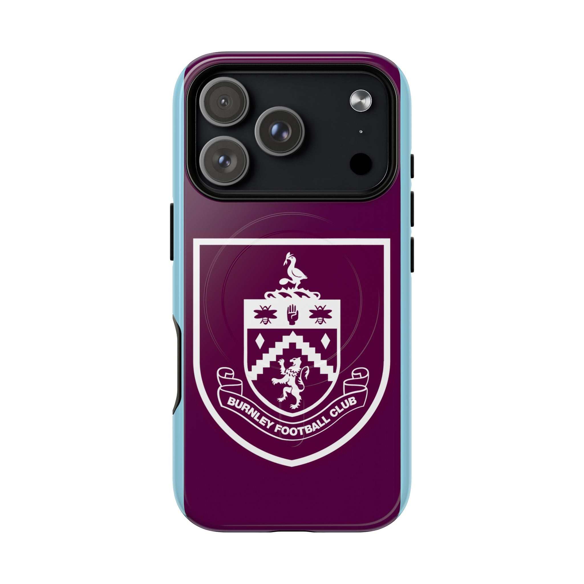 Burnley FC MagSafe iPhone case with claret and blue colors, official-inspired crest, dual-layer protection, and wireless charging compatibility