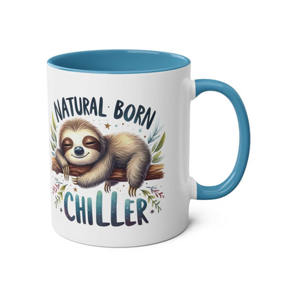 Cute sloth coffee mug with "Natural Born Chiller" design, teal interior and handle.