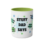 Fathers Day Gift Mug with fun dad sayings, green interior, 11oz ceramic.