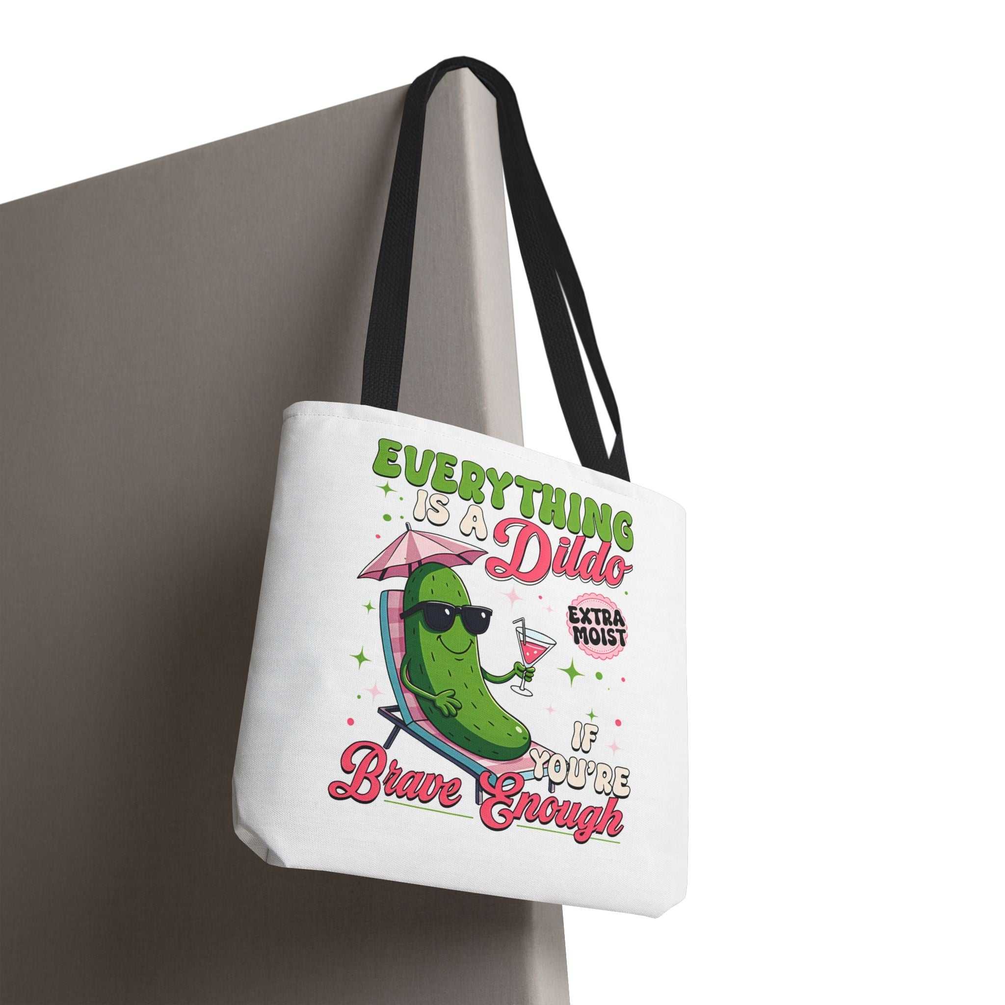 Cheeky Quote Pickle Tote Bag with fun design, durable spun polyester, multiple sizes and handle colors