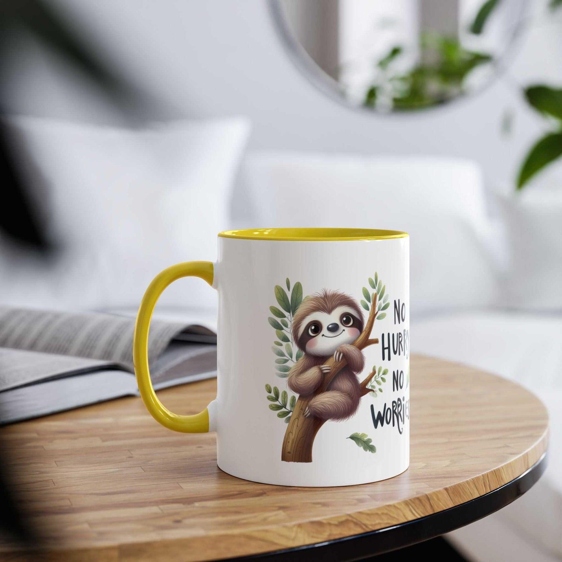 Cute sloth coffee mug with yellow interior on wooden table, perfect for animal lovers.