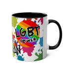 LGBTQ+ Pride mug with rainbow design and LGBTQ power text, ceramic, glossy finish, dishwasher safe.