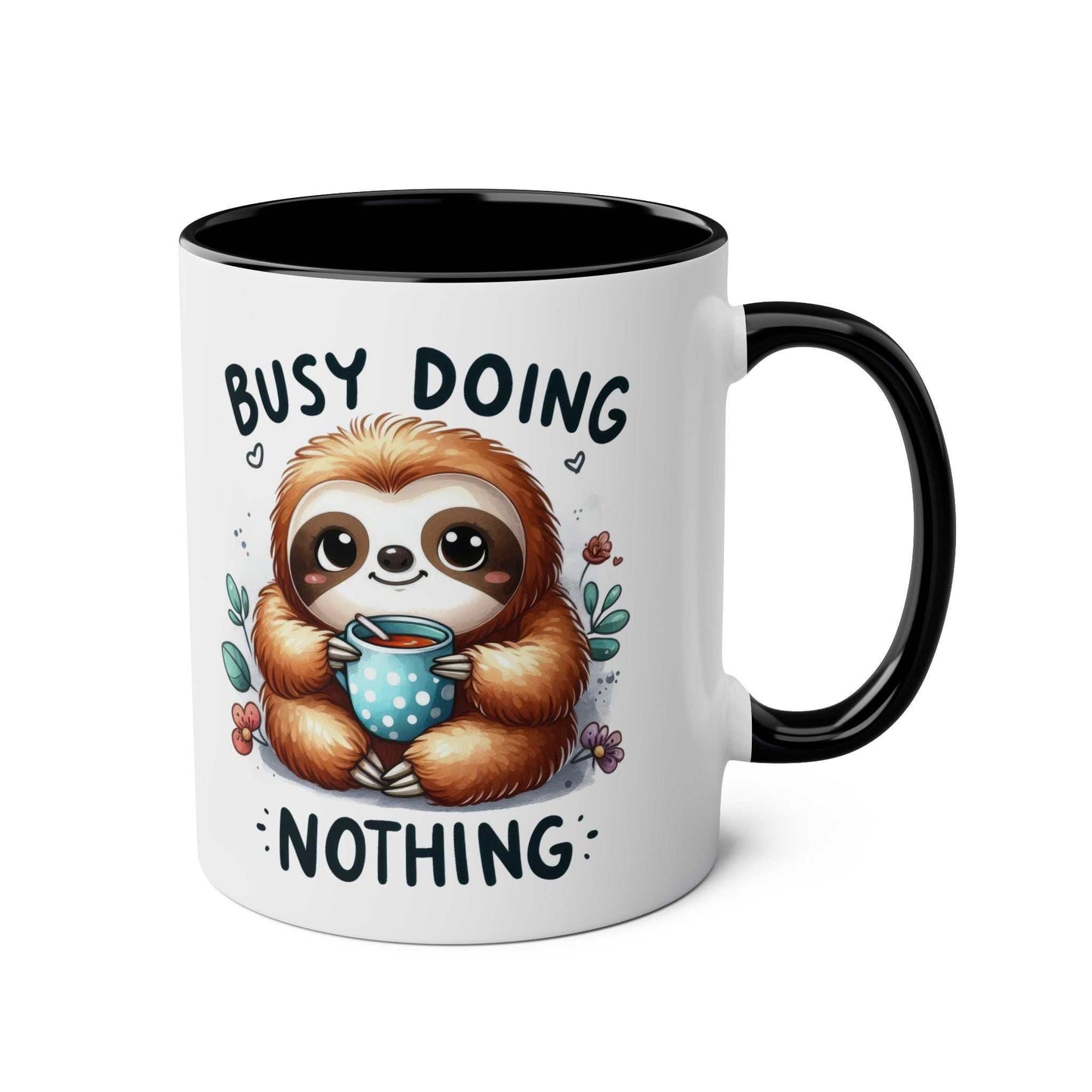 Cute sloth coffee mug with "Busy Doing Nothing" text, featuring whimsical animal design, glossy finish.