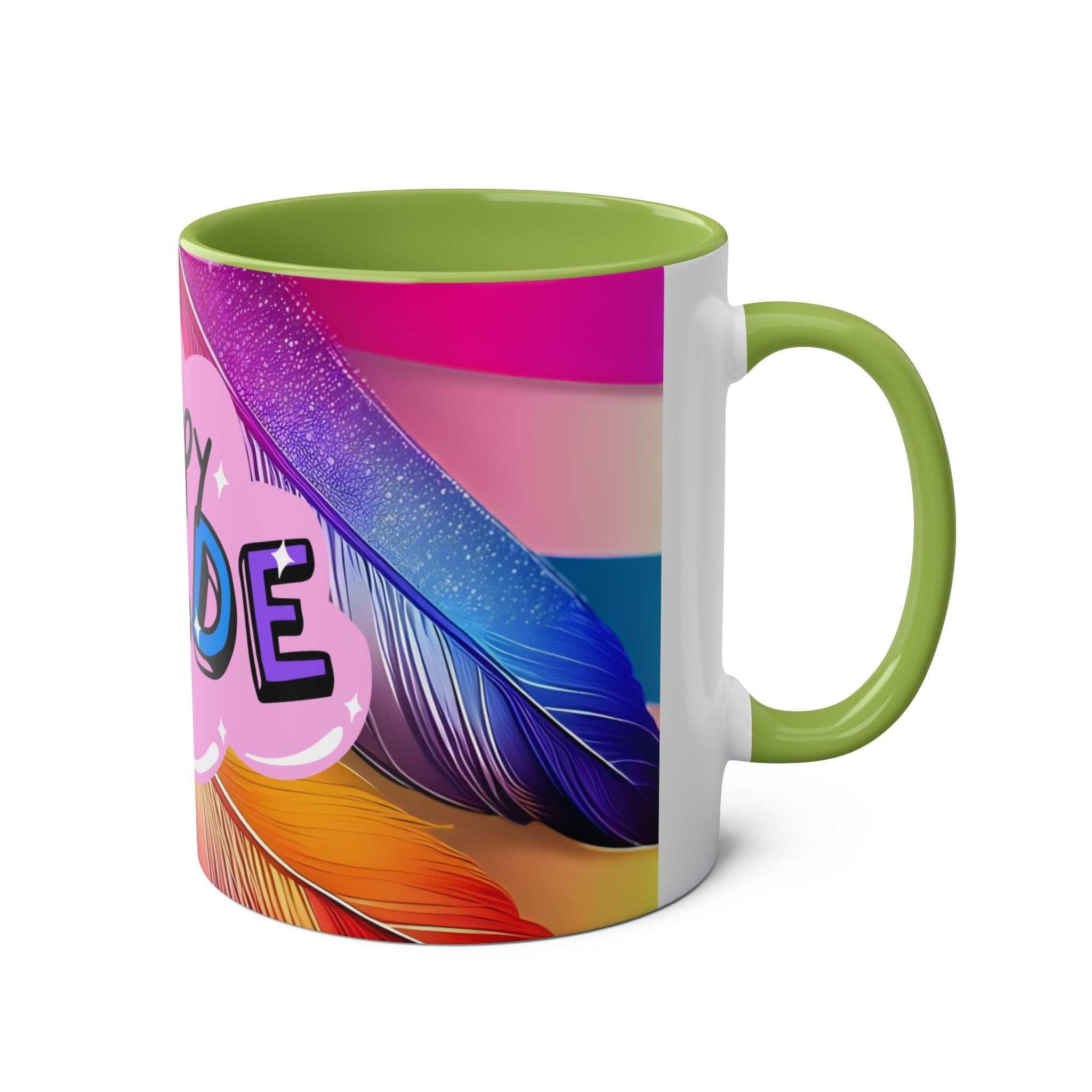 Colorful LGBTQ+ Pride mug with rainbow design and green interior.