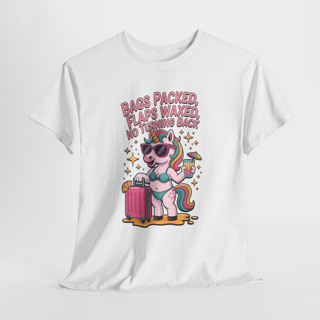 Bags Packed Flaps Waxed No Turning Back T-Shirt with bold travel design on soft cotton fabric