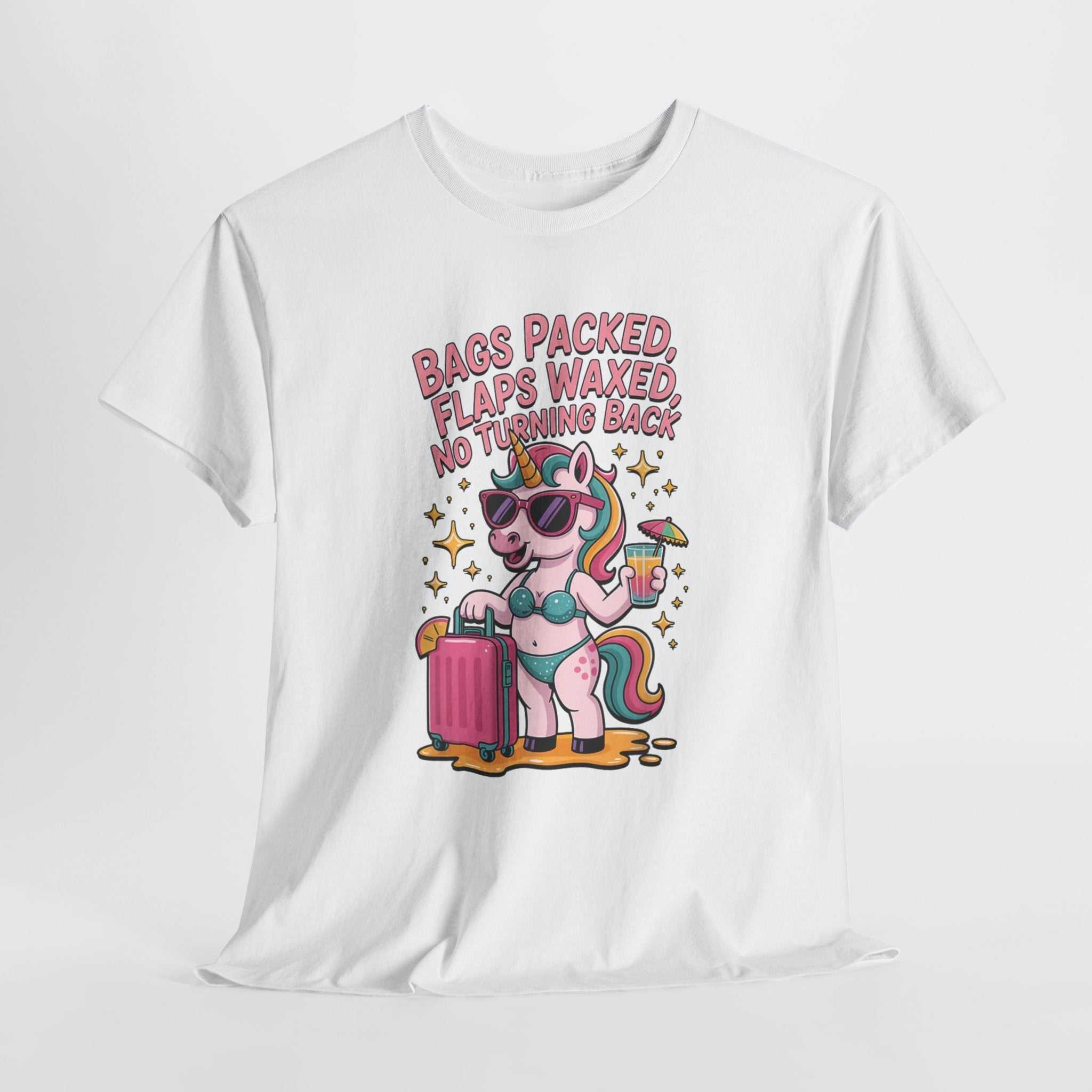 Bags Packed Flaps Waxed No Turning Back T-Shirt with bold travel design on soft cotton fabric