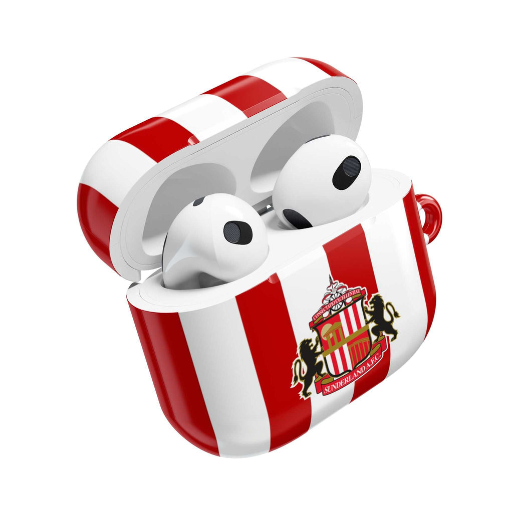 Sunderland FC AirPods protective case with red and white stripes and club crest, shock-resistant and wireless charging compatible
