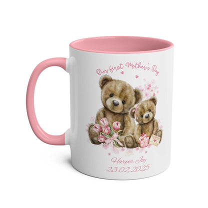 Personalised Our First Mother's Day Girl Gift Mug with teddy bear design, pink interior, and custom text.