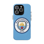 Manchester City MagSafe iPhone case with club logo and sky blue color, dual-layer protection, MagSafe compatible.