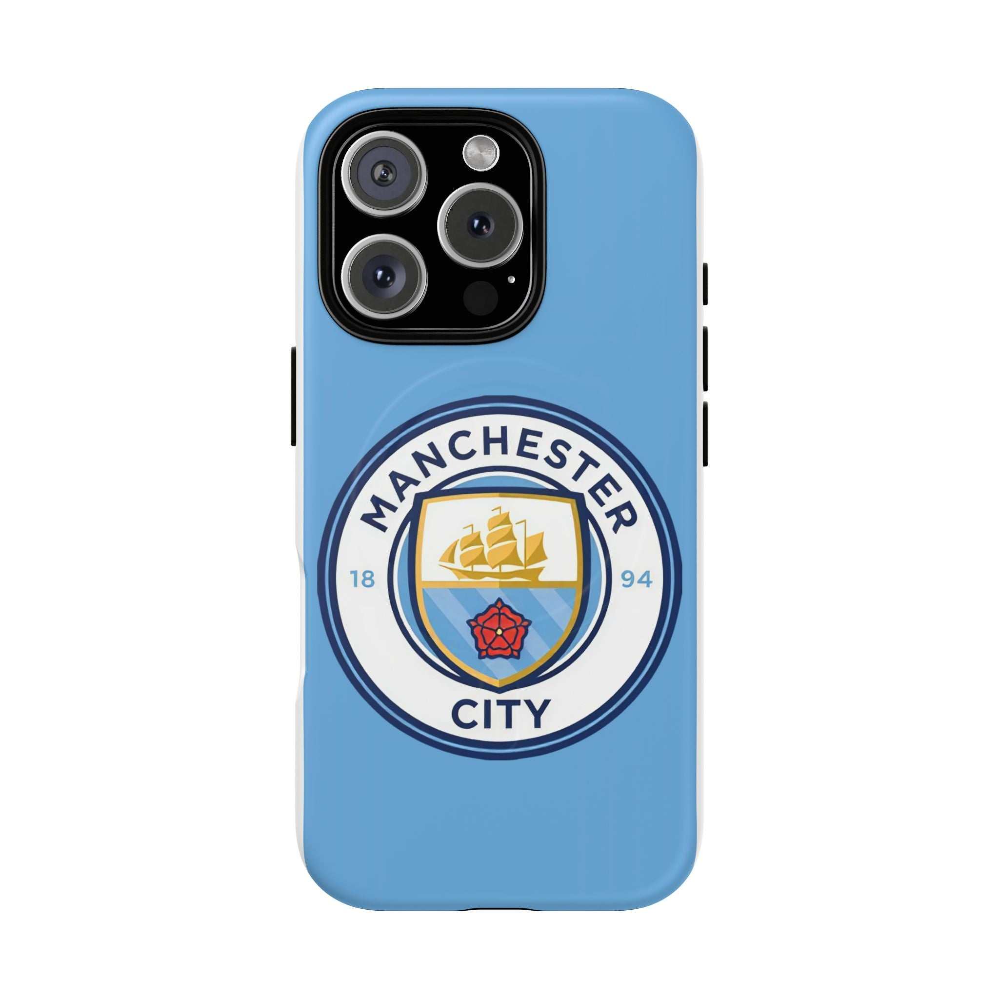 Manchester City MagSafe iPhone case with club logo and sky blue color, dual-layer protection, MagSafe compatible.