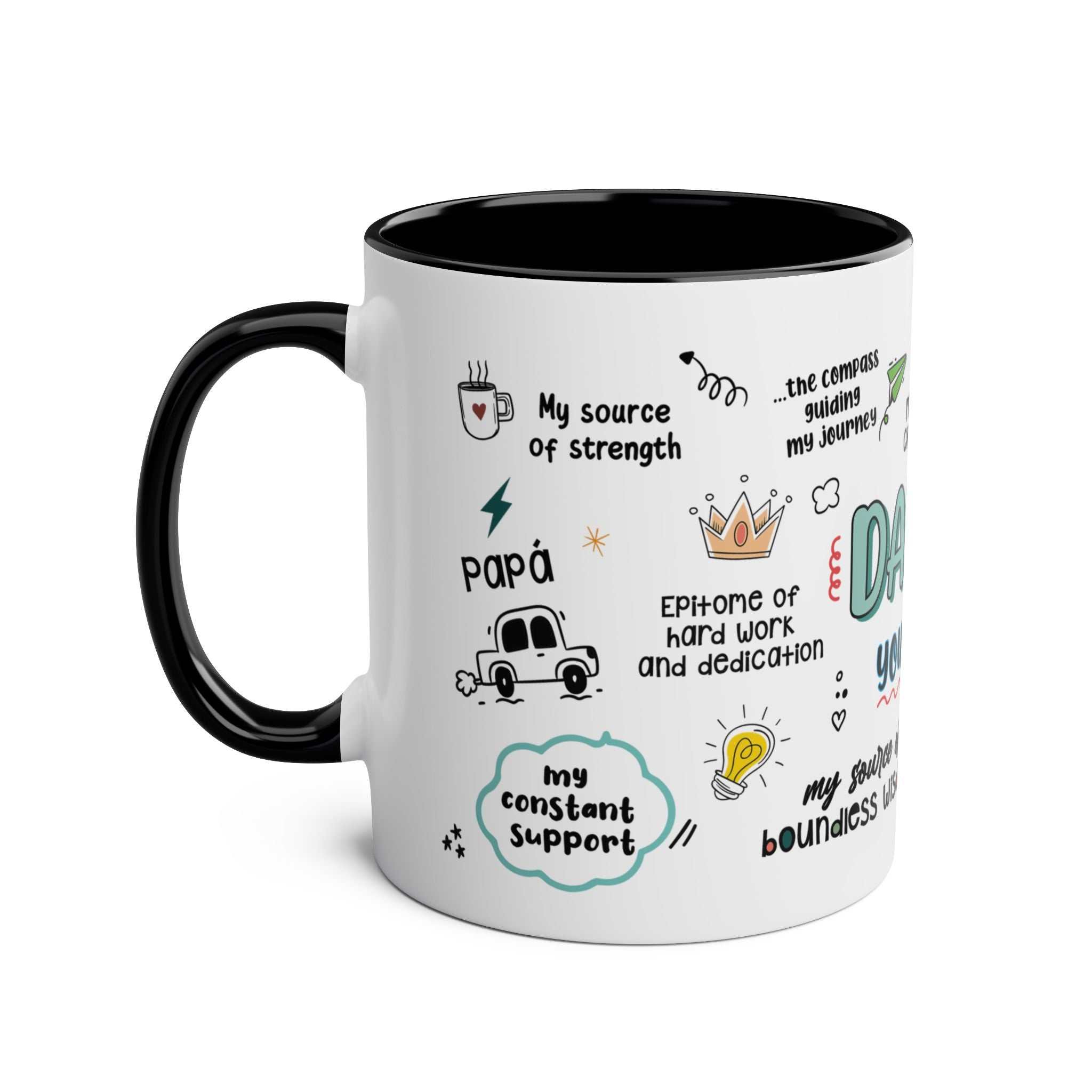 Fathers Day Gift Mug with fun graphics and black handle, perfect for dads.