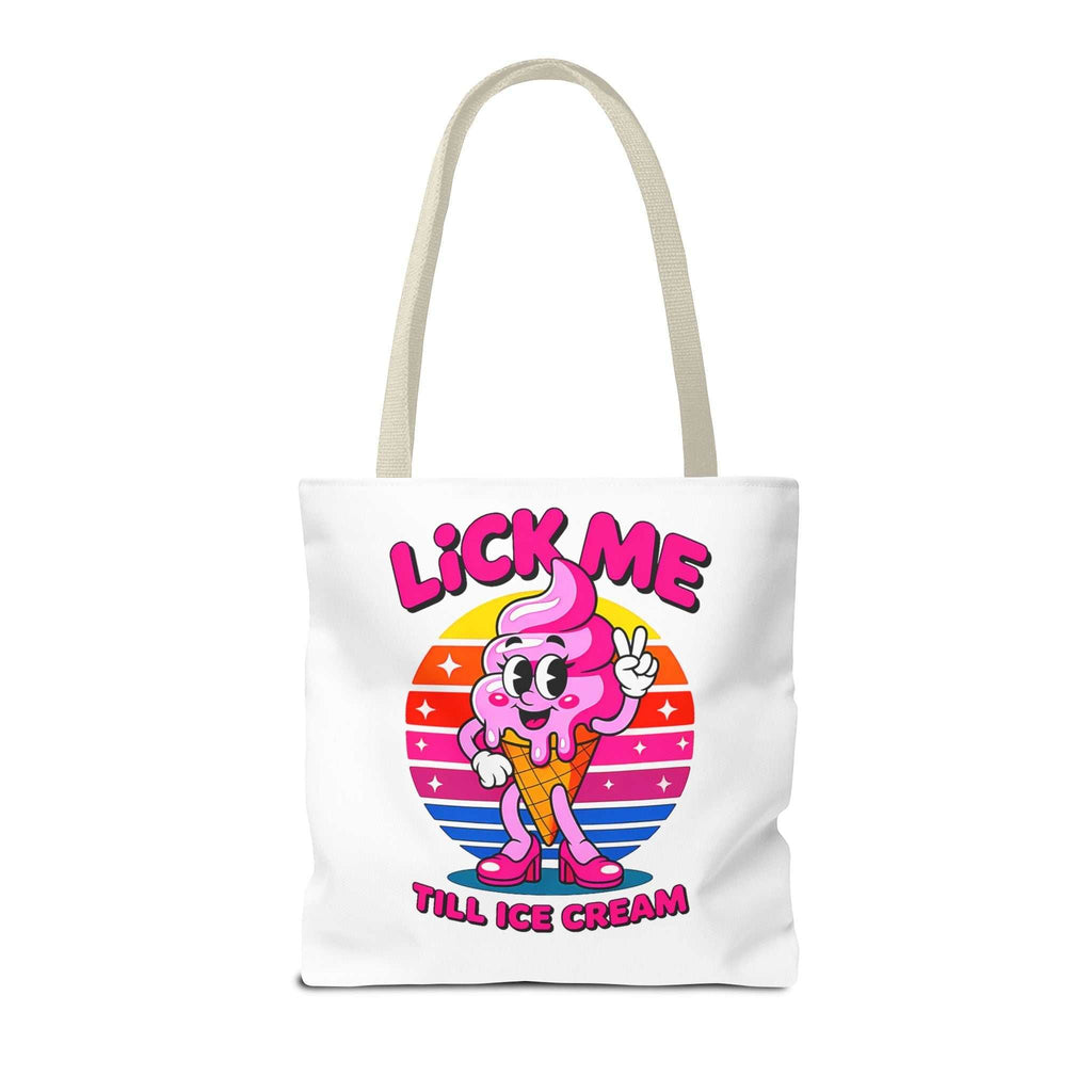 Cheeky Lick Me Till Ice Cream tote bag with playful design and durable spun polyester fabric