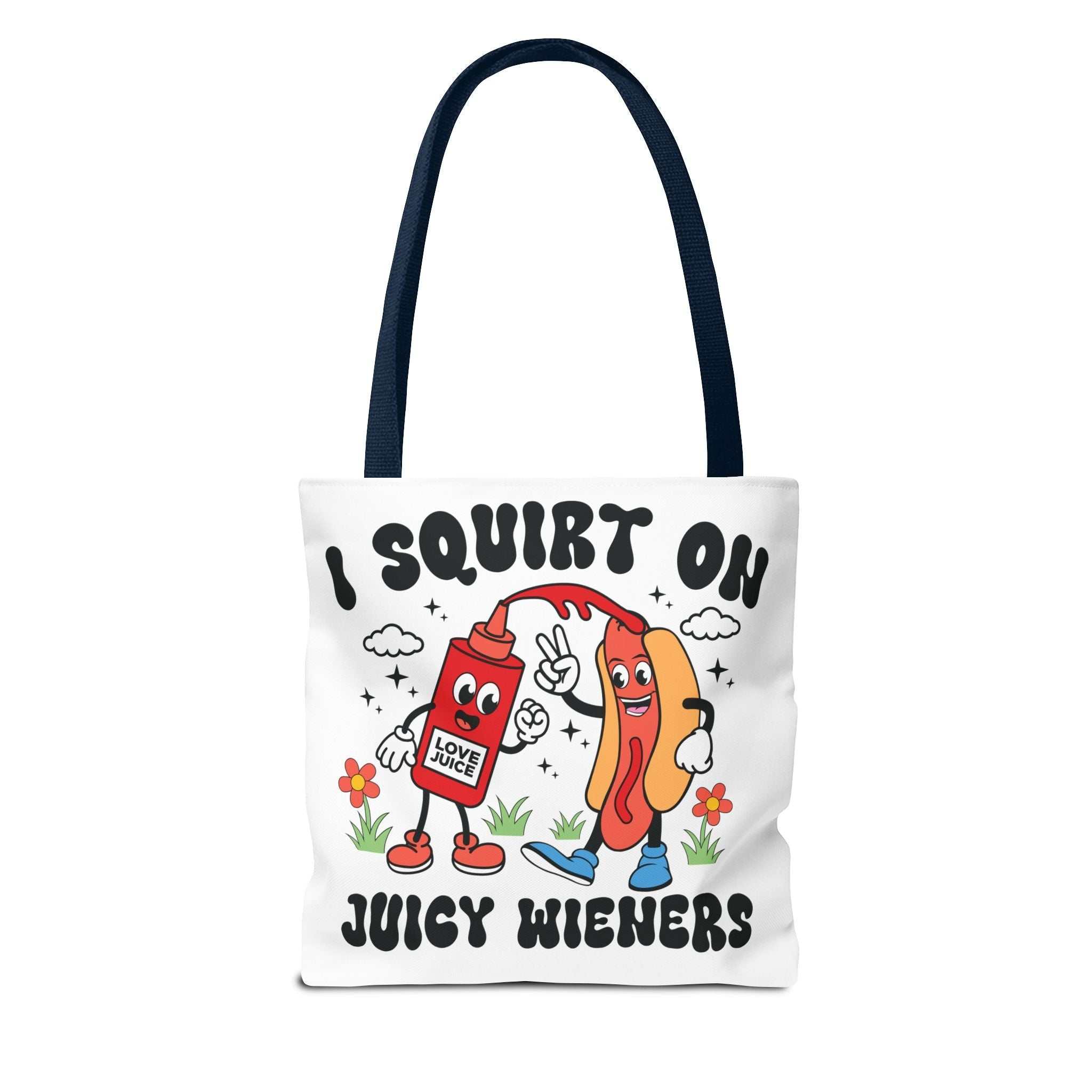 I Squirt On Juicy Wieners Fun Tote Bag with cheeky hot dog design and colorful handles