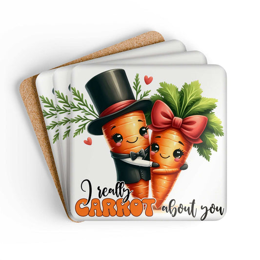 Carrot About You Coaster Set with whimsical carrot design, high-gloss MDF, cork back, 4-piece set.