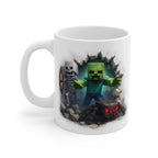 White ceramic Minecraft Creeper Inspired Mug with a glossy finish featuring a creeper, skeleton, and spider breaking through a wall design.