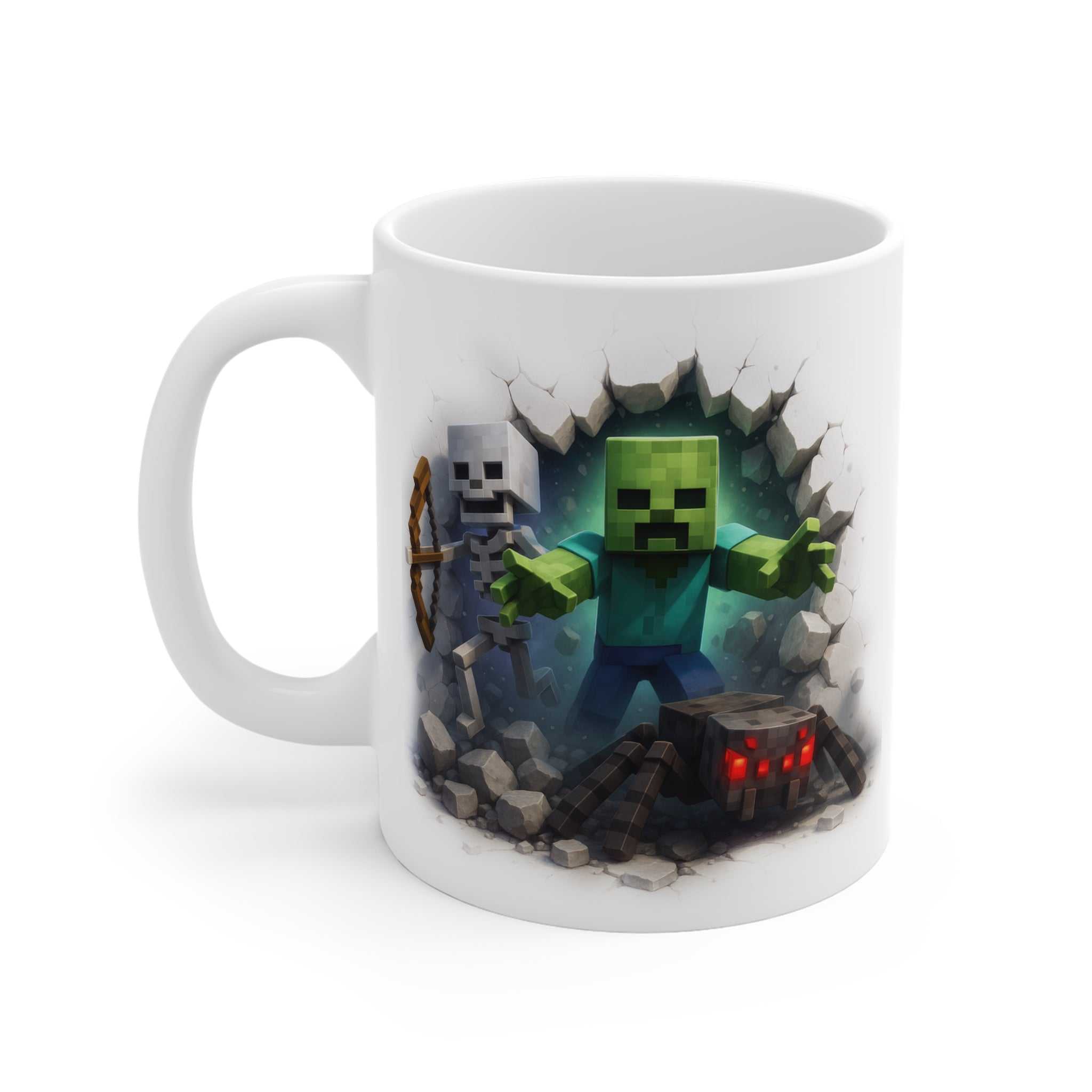 White ceramic Minecraft Creeper Inspired Mug with a glossy finish featuring a creeper, skeleton, and spider breaking through a wall design.