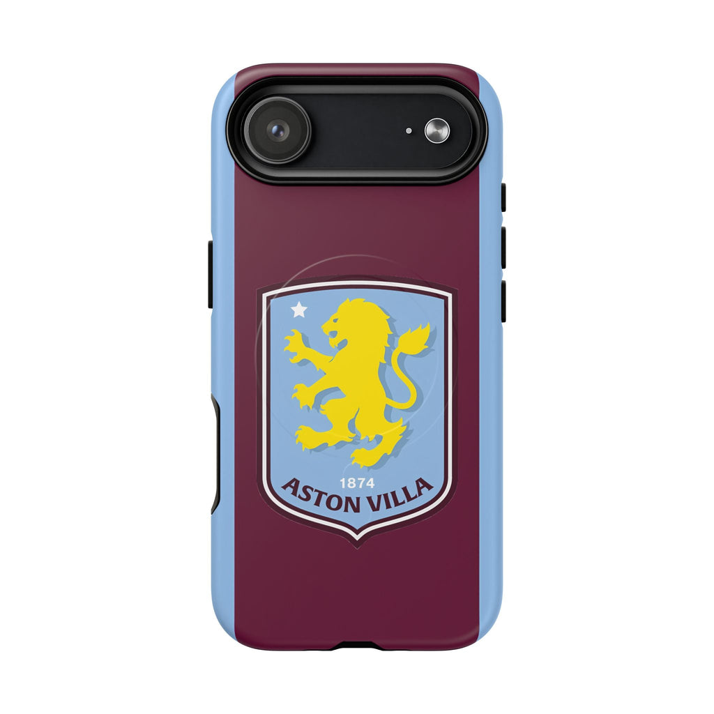 Aston Villa MagSafe iPhone case in claret and blue with club crest, dual-layer protection, and wireless charging compatible