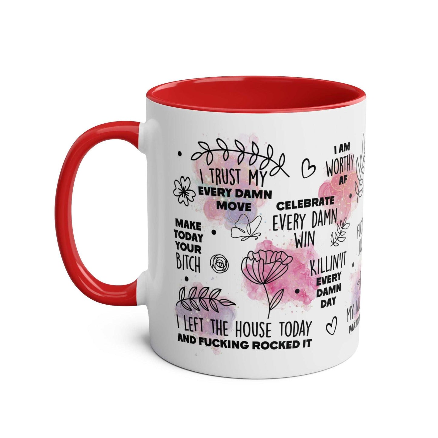 Sweary Quotes Coffee Mug with cheeky sayings and red interior.