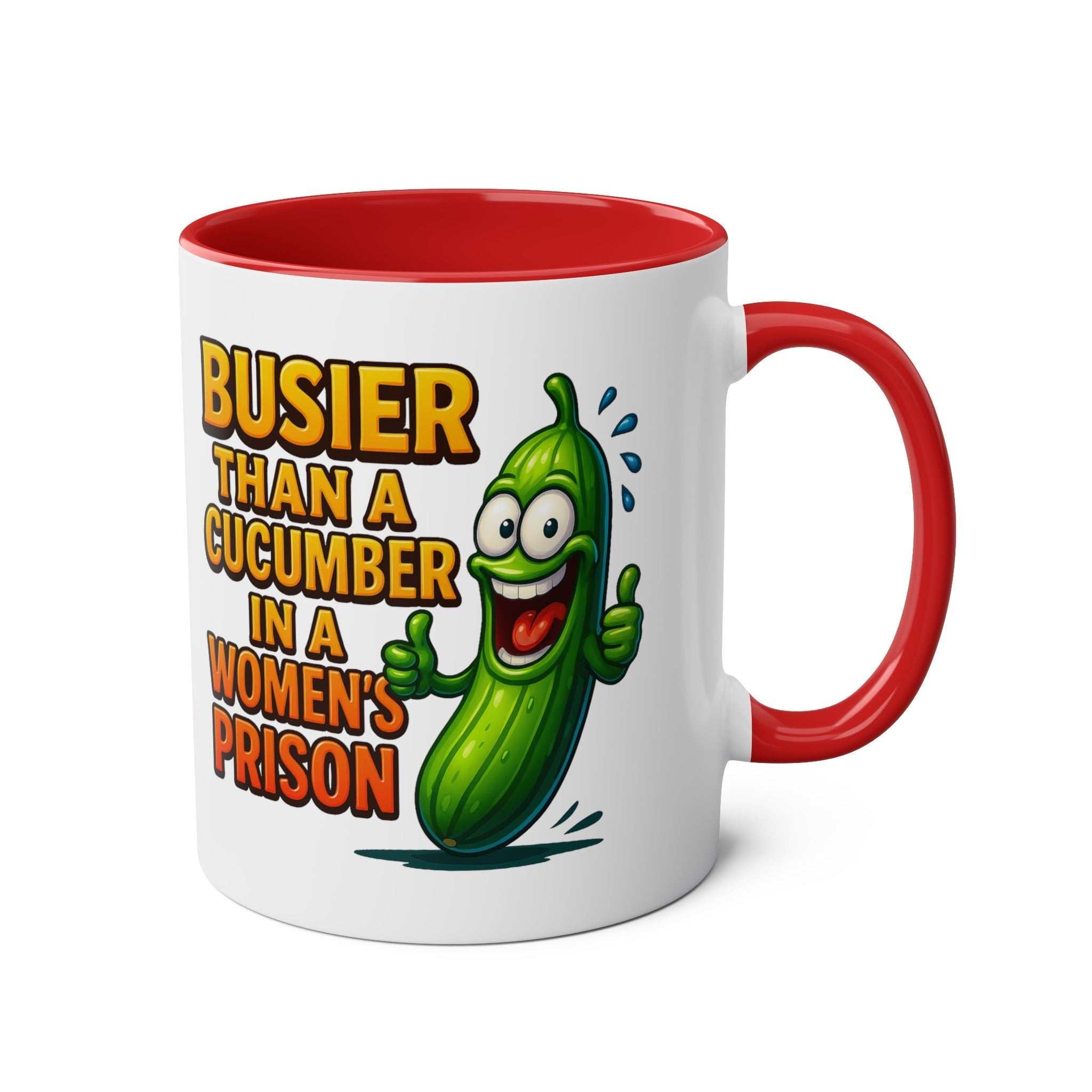 Busier Than a Cucumber coffee mug with humorous text and vibrant colors