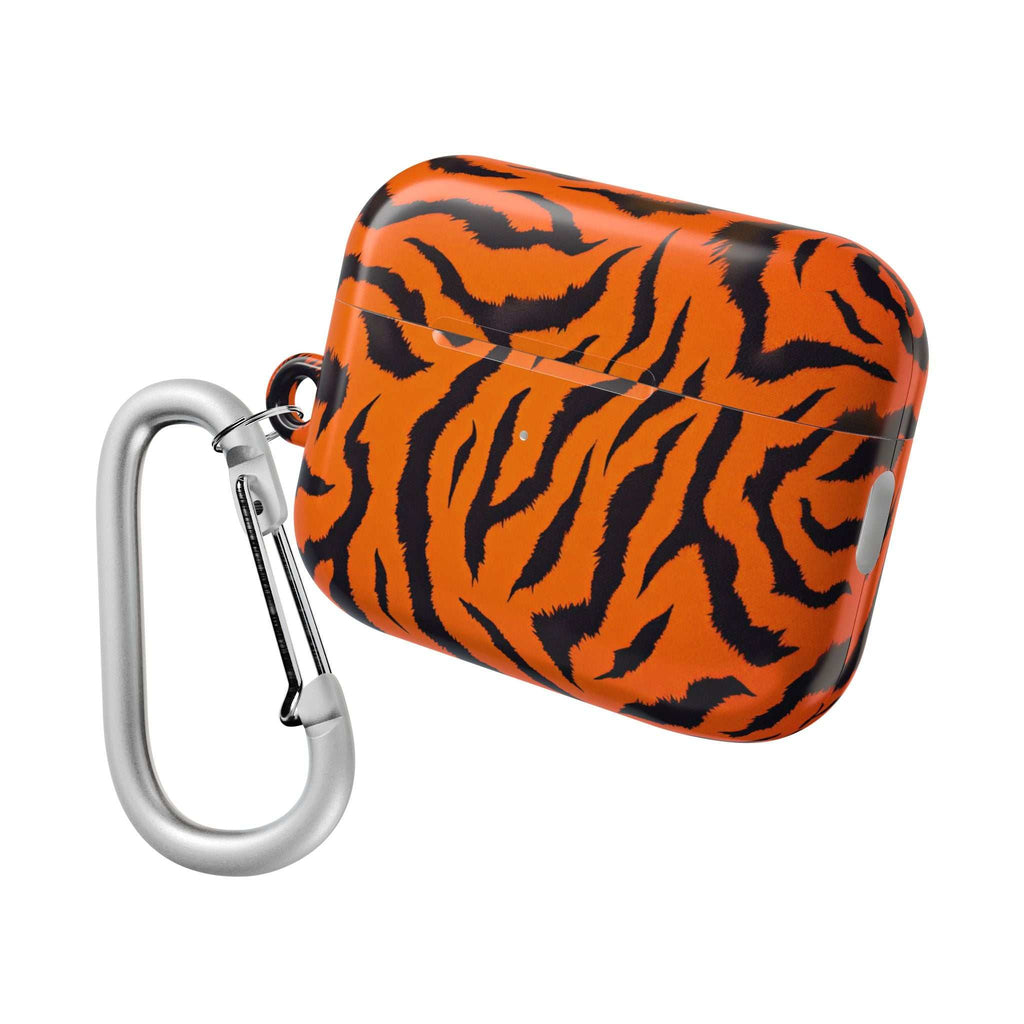 Orange tiger print hard shell protective case for AirPods and AirPods Pro with carabiner clip