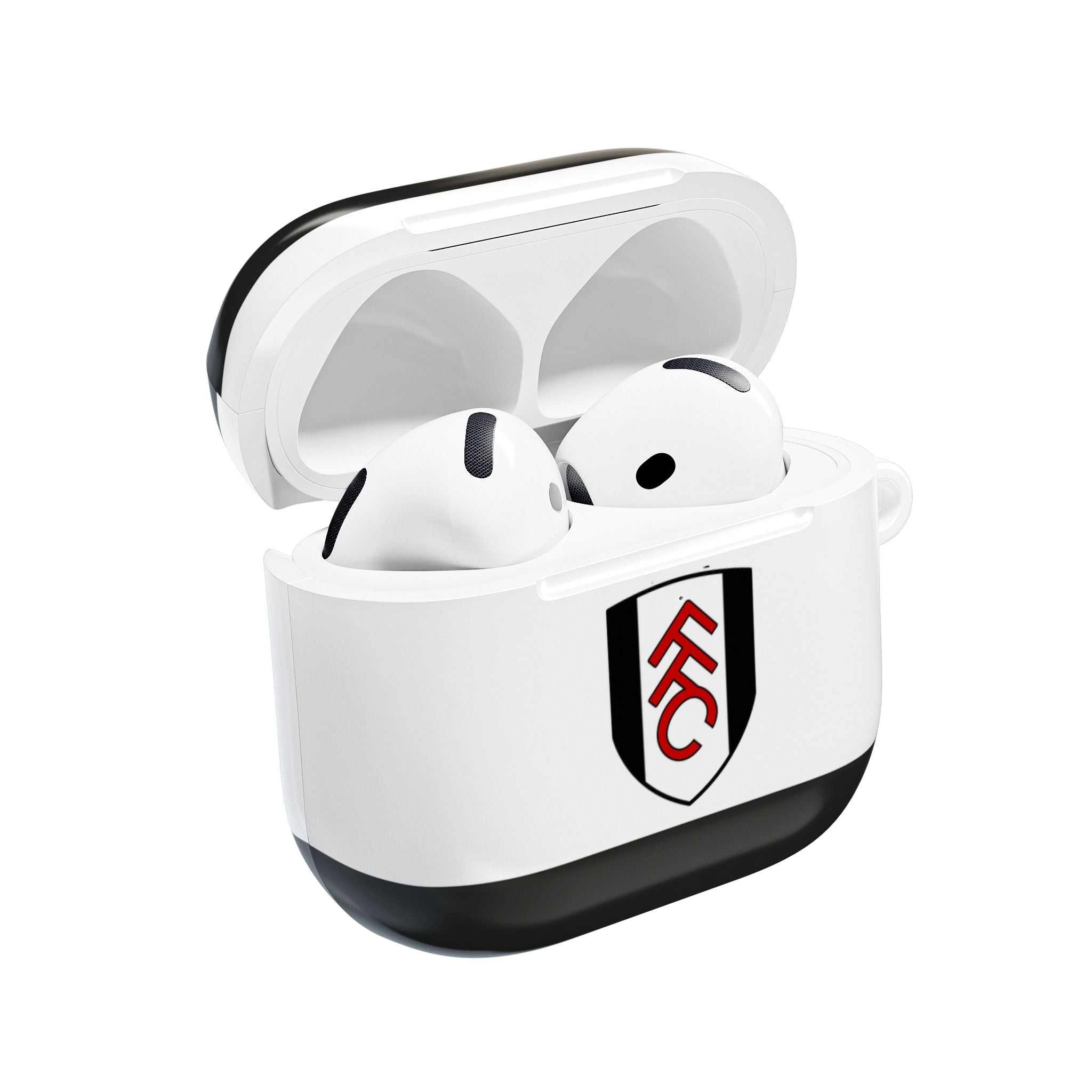 Fulham FC AirPods protective case with club crest in black and white, shock-resistant and glossy finish, fits AirPods and AirPods Pro, supports wireless charging