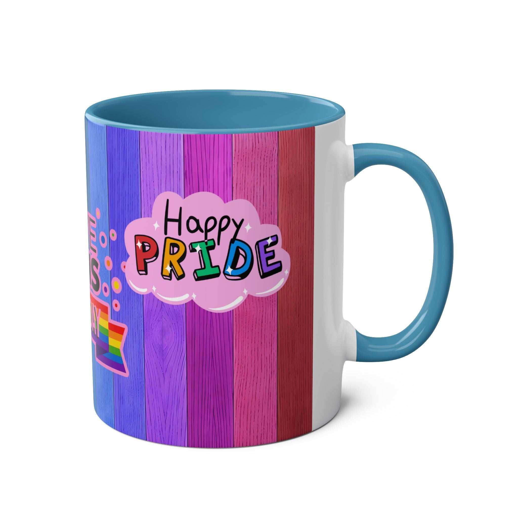 LGBTQ+ Pride mug with vibrant rainbow design and "Happy Pride" message.